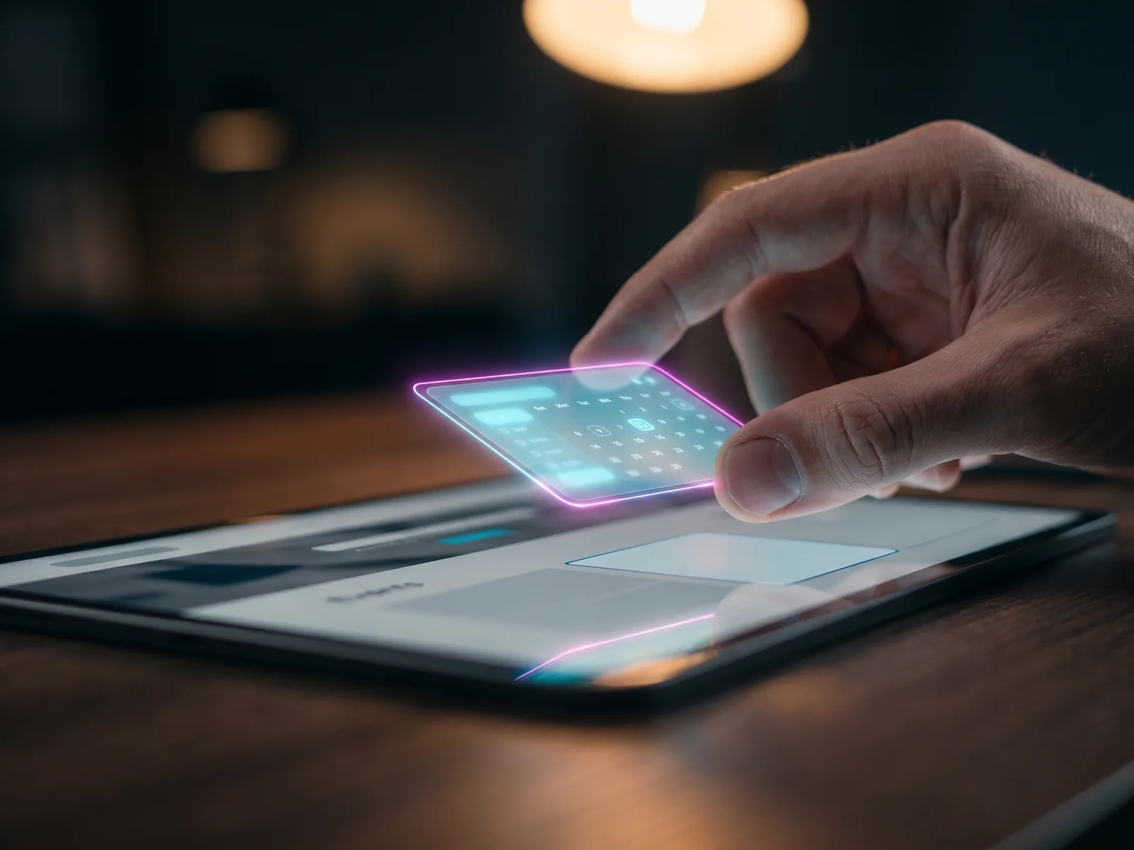 A hand placing a glowing booking widget into place on a website shown on a tablet
